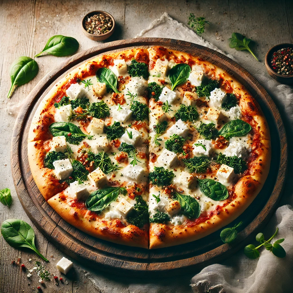 Fusion pizza with ricotta, spinach, and Mediterranean herbs