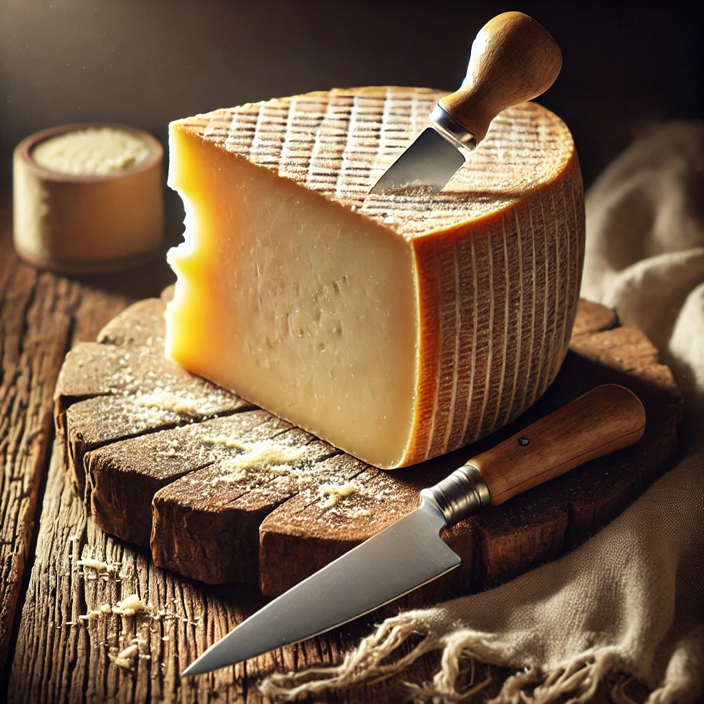 Parmesan Cheese : Authentic Parmigiano Reggiano wheel with cheese knife