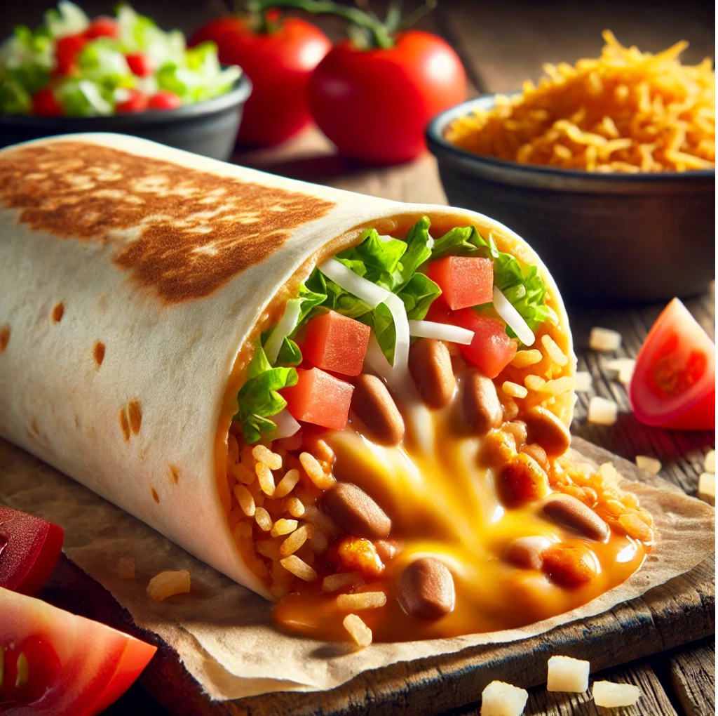 Taco Bell Cheesy Bean and Rice Burrito served with fresh salsa, lettuce, and tomatoes on the side