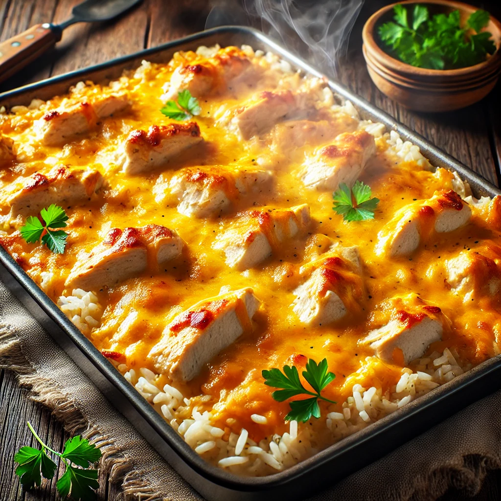 A delicious cheesy chicken and rice casserole fresh out of the oven.