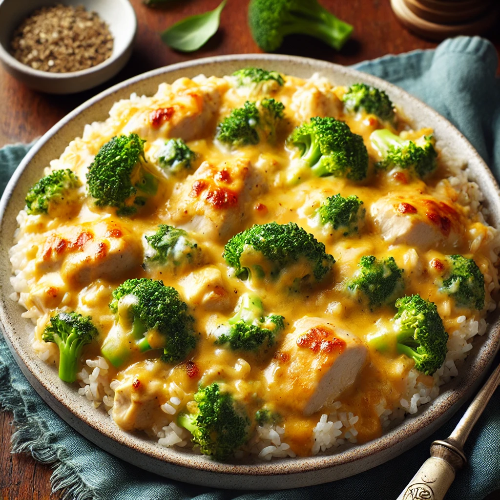 Creamy chicken broccoli rice casserole served on a plate.