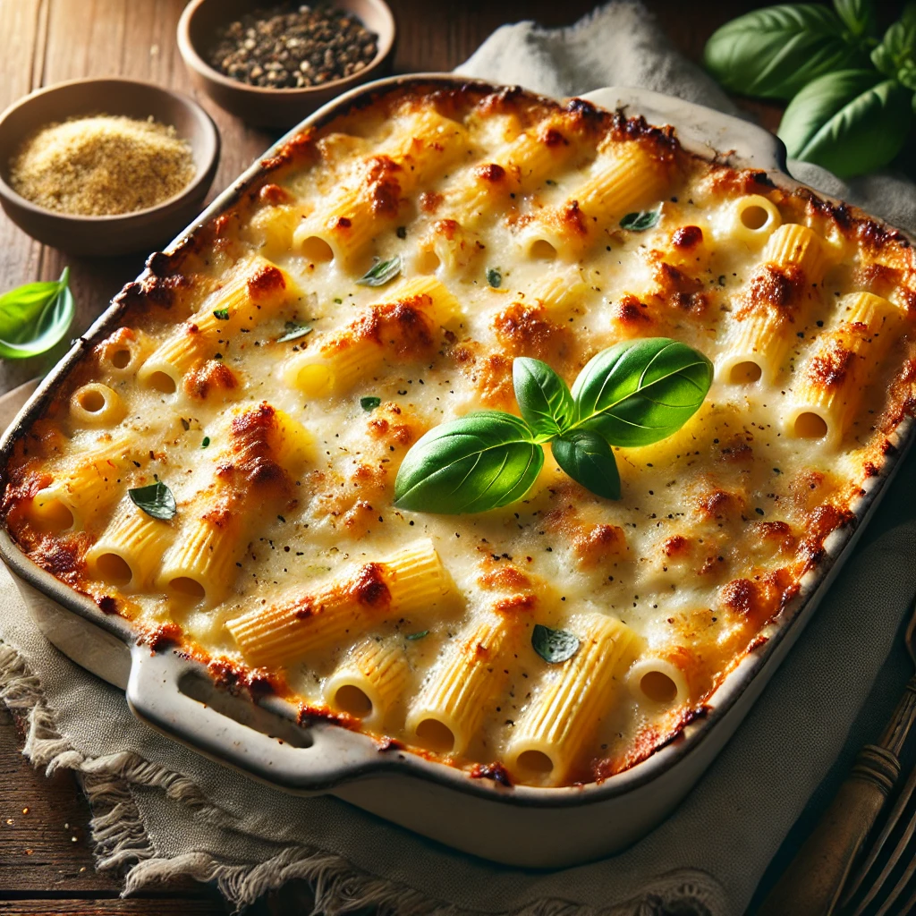 A baked ziti dish with golden, bubbly cheese, layers of creamy cottage cheese sauce, and pasta, garnished with fresh basil and cracked black pepper.