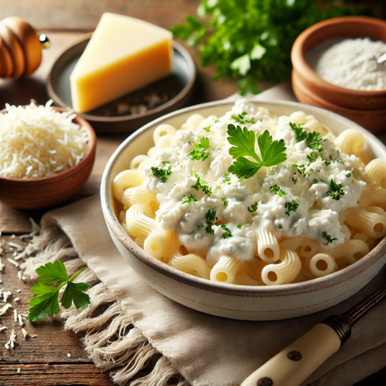 A creamy bowl of pasta topped with cottage cheese sauce, garnished with fresh parsley, served on a rustic wooden table, accompanied by a small bowl of fresh herbs and grated Parmesan cheese.