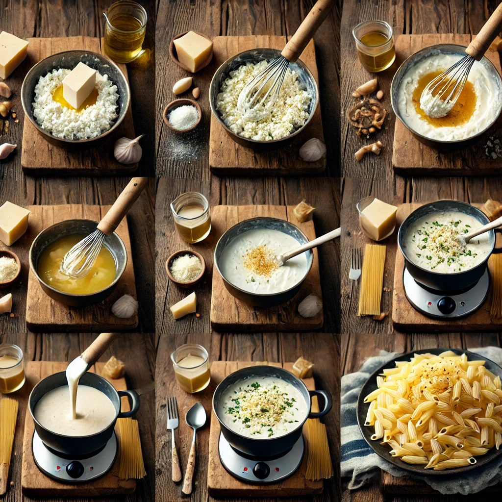 Step-by-step visuals of blending cottage cheese with garlic, Parmesan, and broth, cooking the sauce in a pan, and pouring it over cooked pasta on a rustic table.