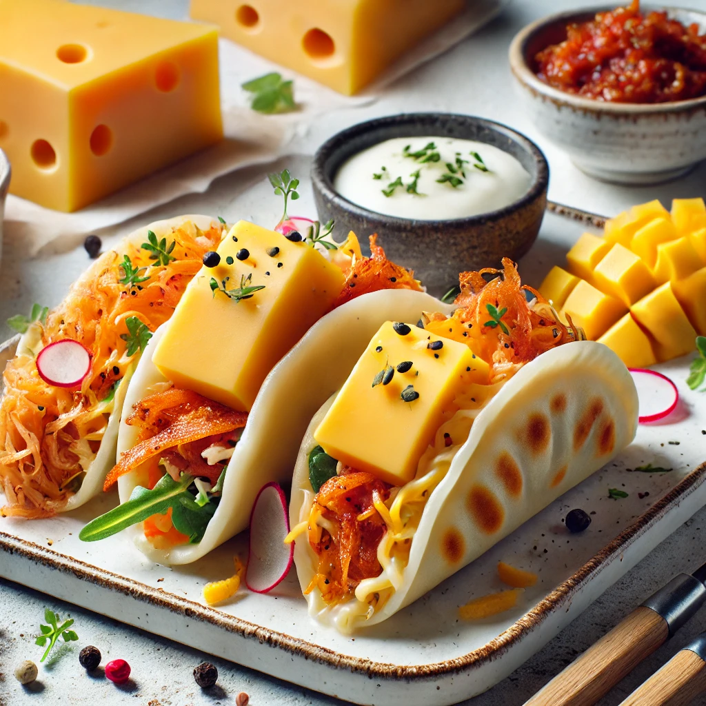 Fusion cuisine dish featuring cheese, global flavors, and creative pairings