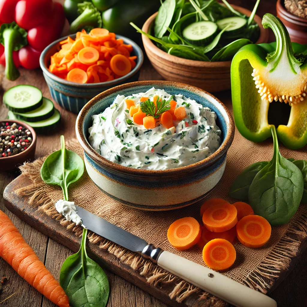 Homemade veggie cream cheese made with fresh ingredients like carrots, spinach, and bell peppers.