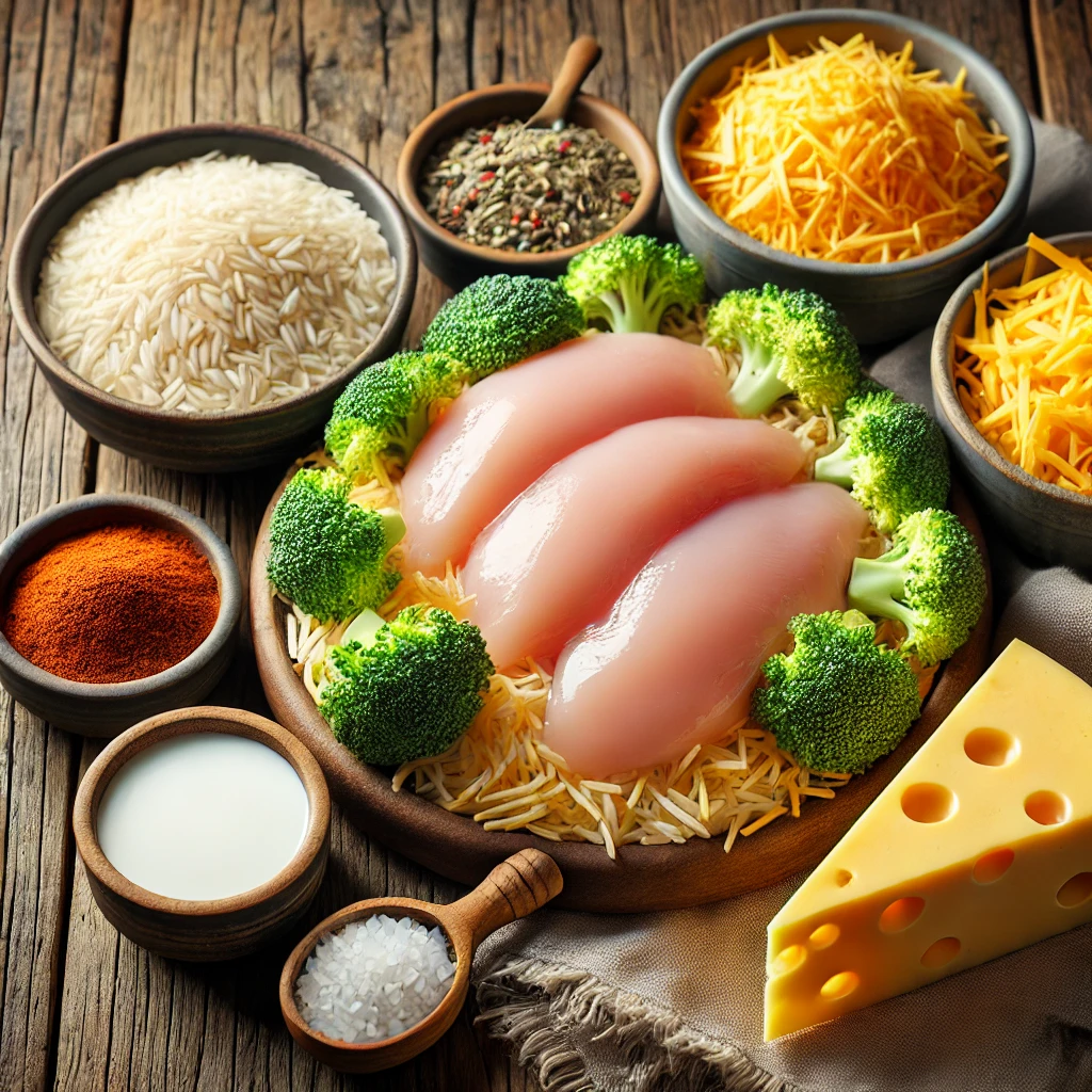 Raw ingredients for cheesy chicken and rice, including chicken, cheese, rice, and broccoli.