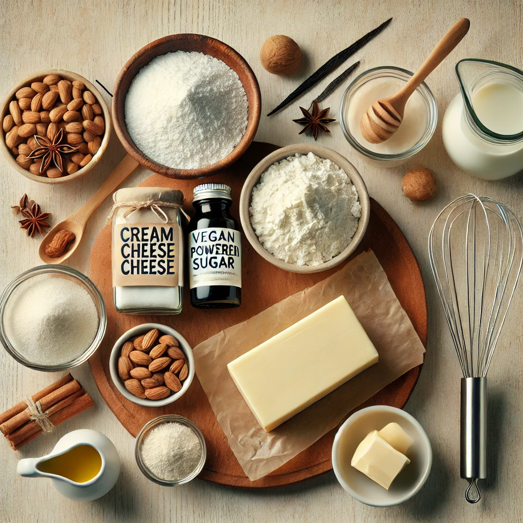 Ingredients for vegan cream cheese frosting, including vegan cream cheese, powdered sugar, and vanilla extract