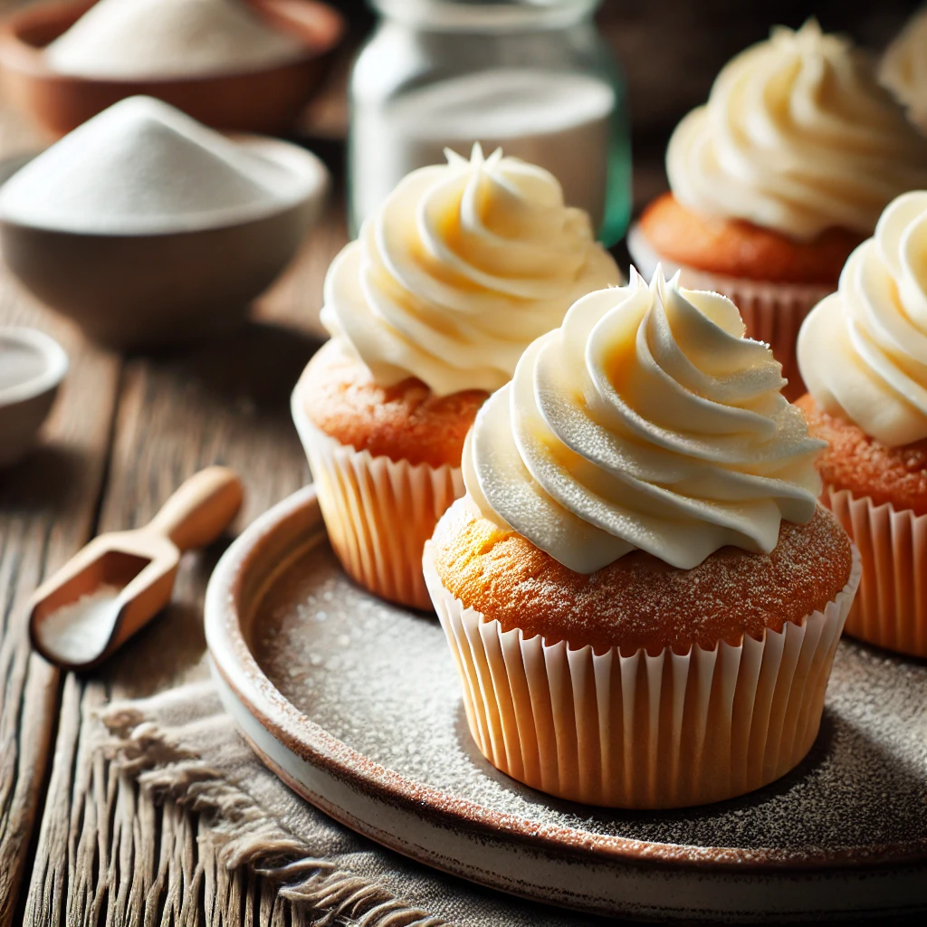 Vegan cream cheese frosting piped onto moist vegan cupcakes