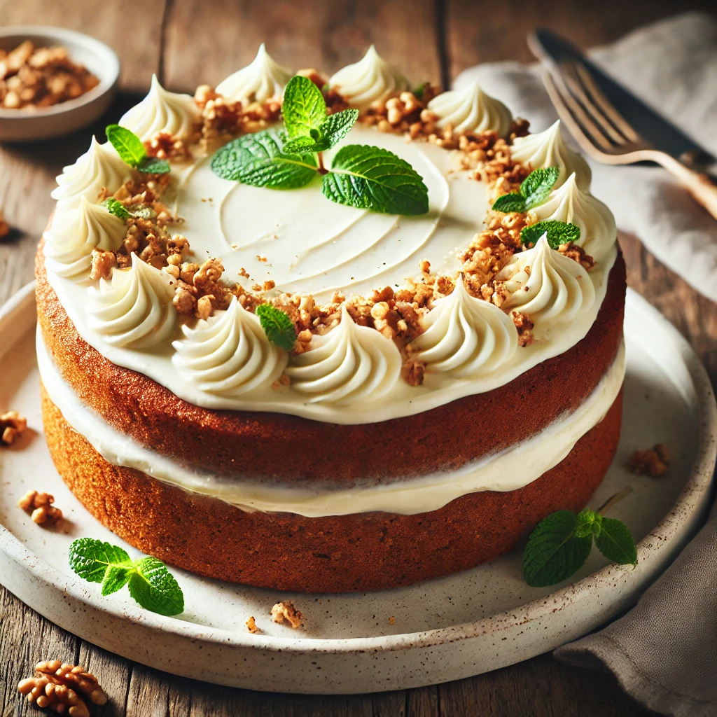 Vegan cream cheese frosting spread on a moist vegan carrot cake.