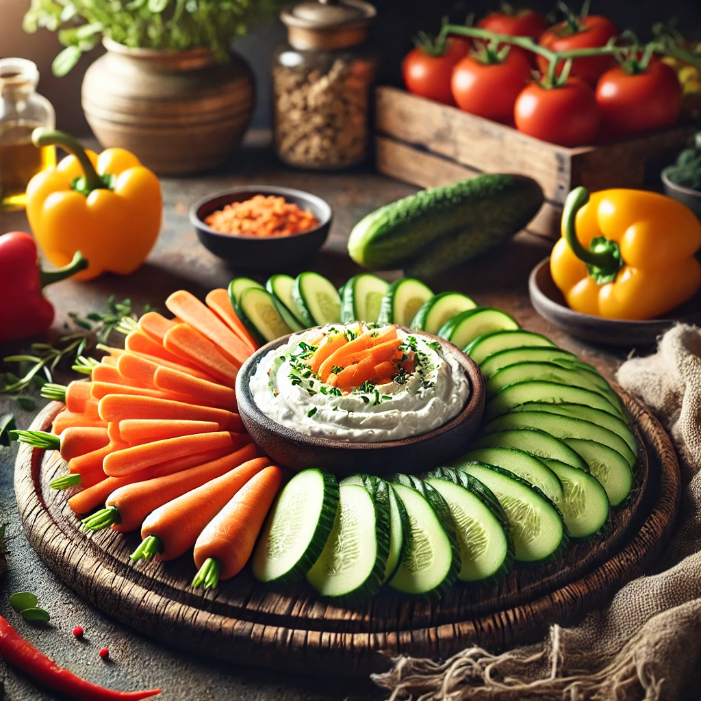 Veggie cream cheese dip served with fresh vegetables like carrots, cucumber, and bell peppers.