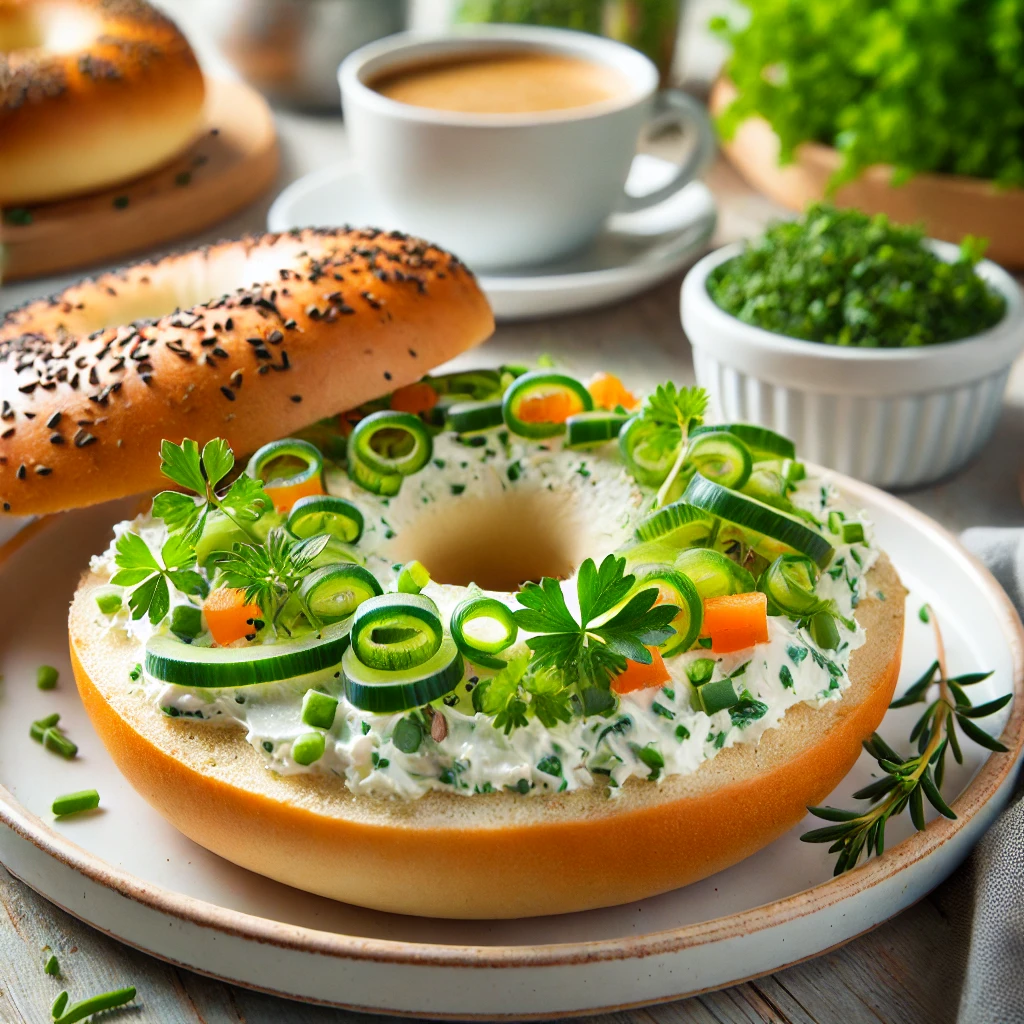 Veggie cream cheese spread on a toasted bagel with fresh herbs.