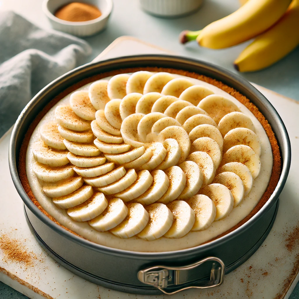 Close-up of a banana pudding cheesecake with sliced bananas and a touch of cinnamon.