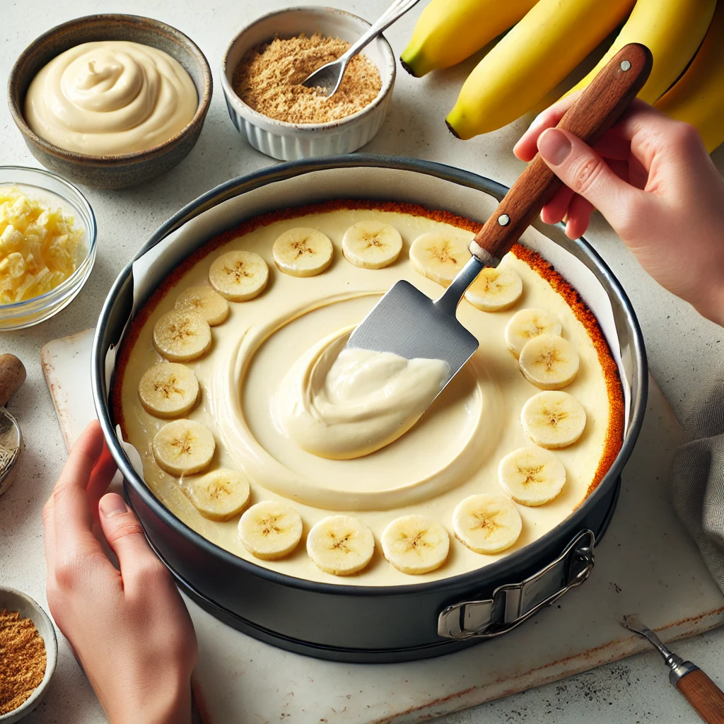 Assembling banana pudding cheesecake with layers of banana pudding and cheesecake mixture.