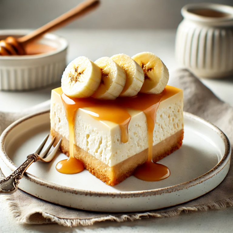 Delicious banana pudding cheesecake slice on a plate with banana slices on top