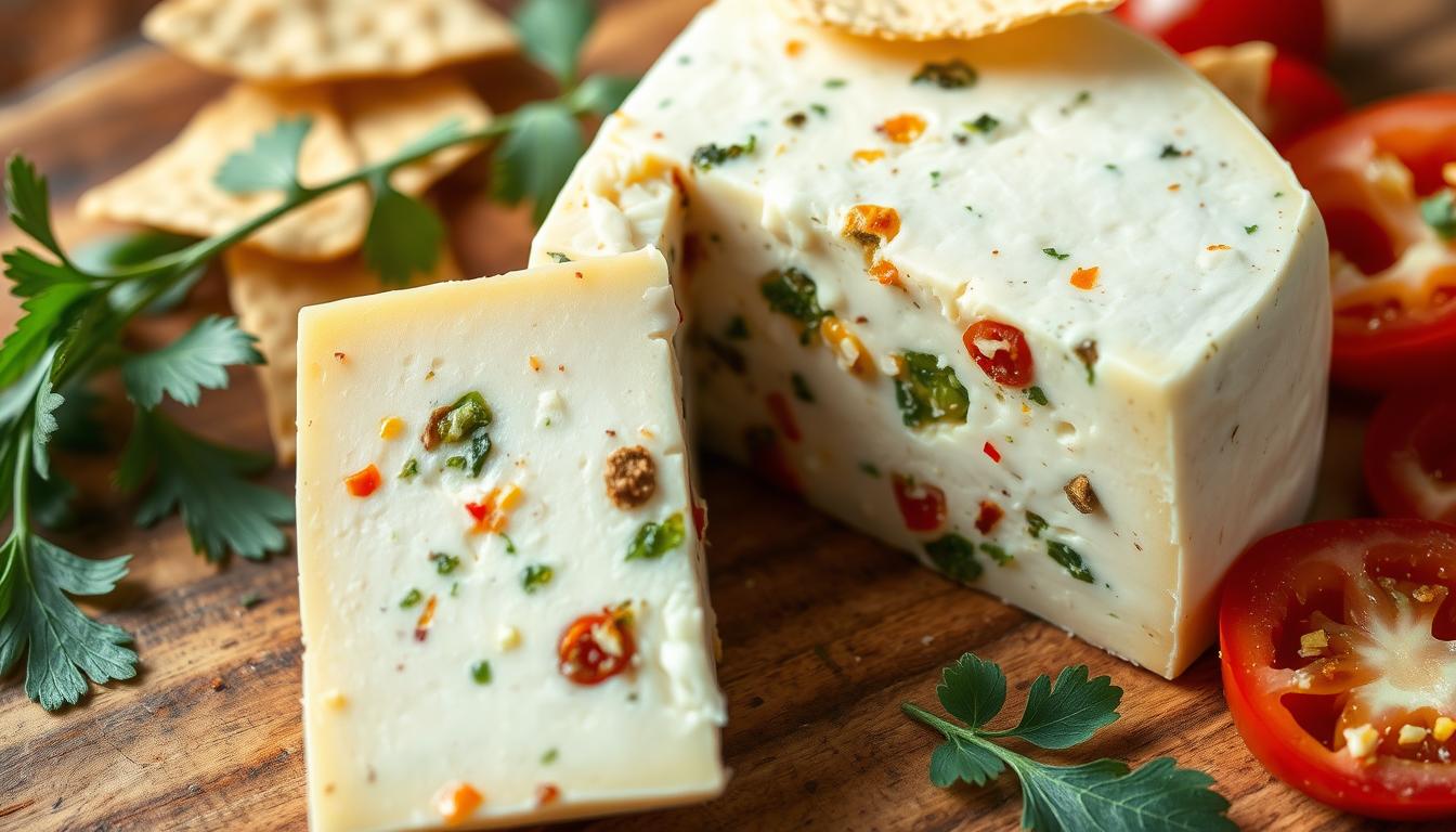 Close-up of a slice of pepper jack cheese with visible flecks of red pepper, showcasing its smooth texture and spicy flavor.