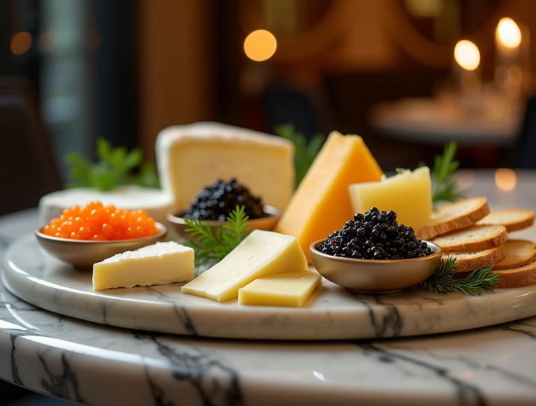 A gourmet platter featuring creamy cheese paired with luxurious caviar, served with crackers and garnished with fresh herbs for an elegant presentation.